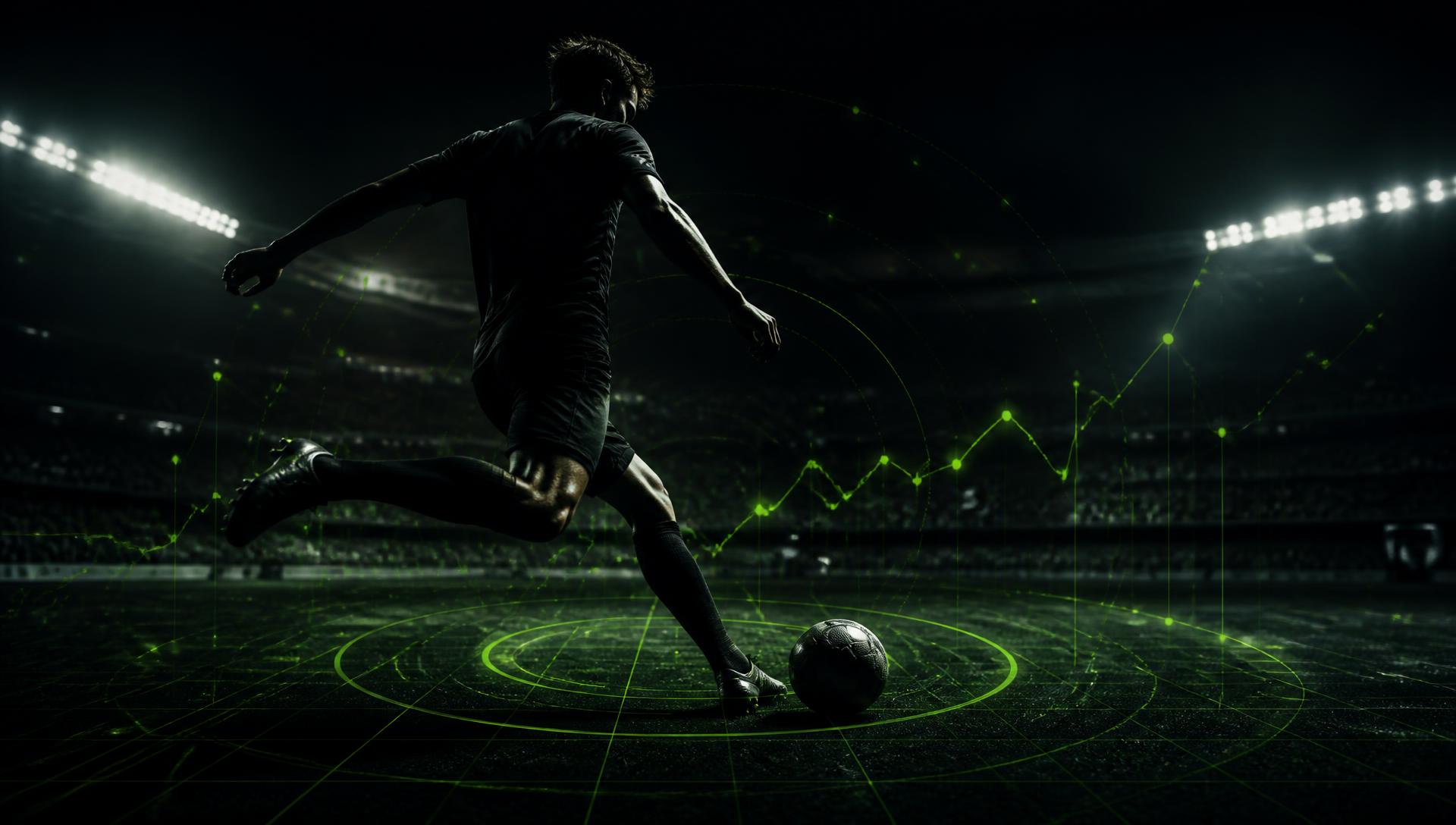 Footballer in a floodlit stadium with ACCA AI data analysis overlaid